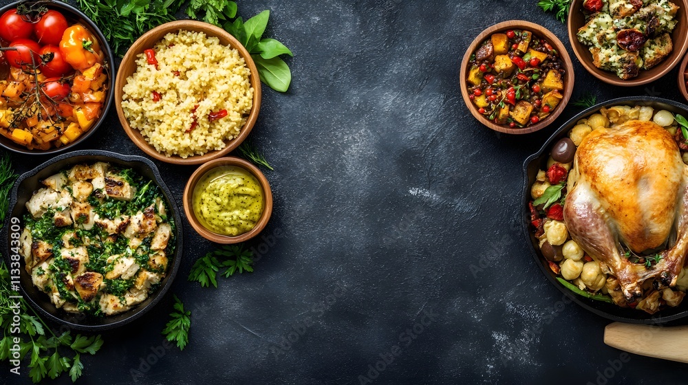 Roasted chicken, rice, vegetables, and side dishes on dark background. Roasted chicken, rice, vegetables, and side dishes on dark background.