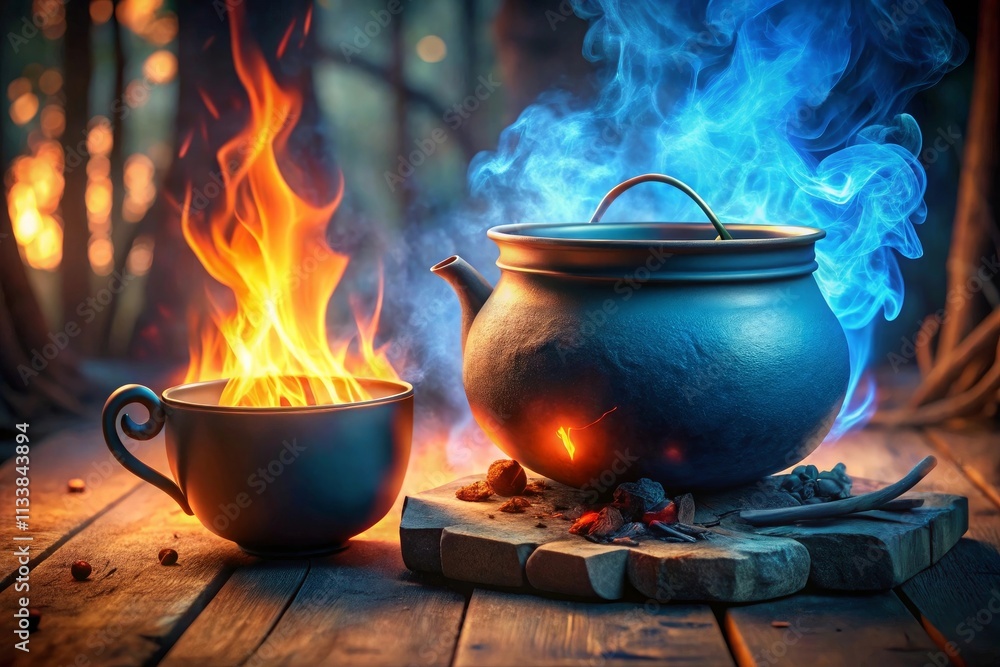 A Cauldron of Mystical Potion with Glowing Pumpkins and Bottles in a Haunted Room A Cauldron of Mystical Potion with Glowing Pumpkins and Bottles in a Haunted Room