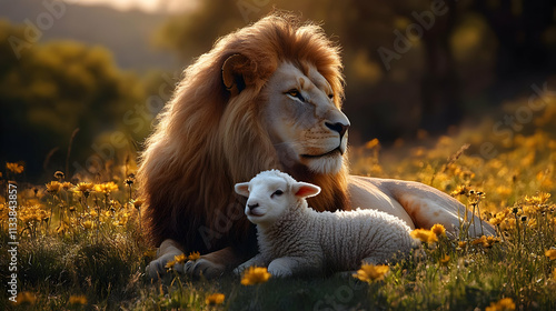 Wallpaper Mural Lion and Lamb Resting Together in a Field of Flowers Torontodigital.ca