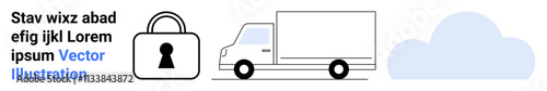 Padlock, delivery truck, and cloud represent data security, logistics, cloud storage. Ideal for cybersecurity, transportation, cloud computing, secure delivery services data protection online