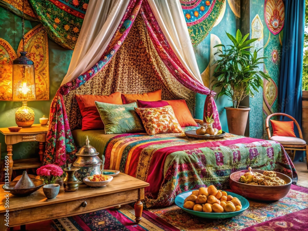 Canopy bed, eclectic pillows, and vibrant fabrics create a bohemian backdrop for delicious food photography. Canopy bed, eclectic pillows, and vibrant fabrics create a bohemian backdrop for delicious food photography.