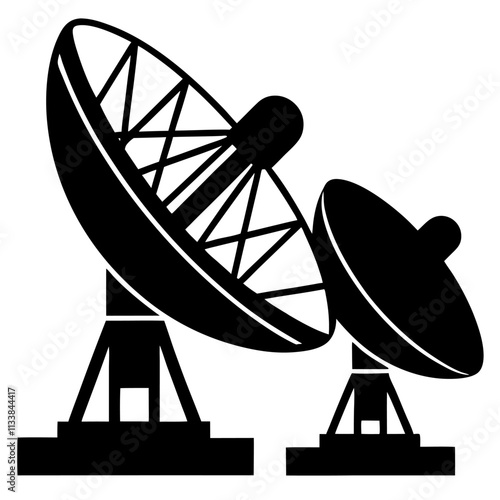 A Astronomy (Radio telescopes, CCD detectors for imaging) silhouette,line art vector icon illustration,telescopes,detectors on white background.