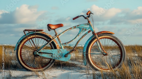 Vintage Rusty Bicycle on the Beach at Sunset photo