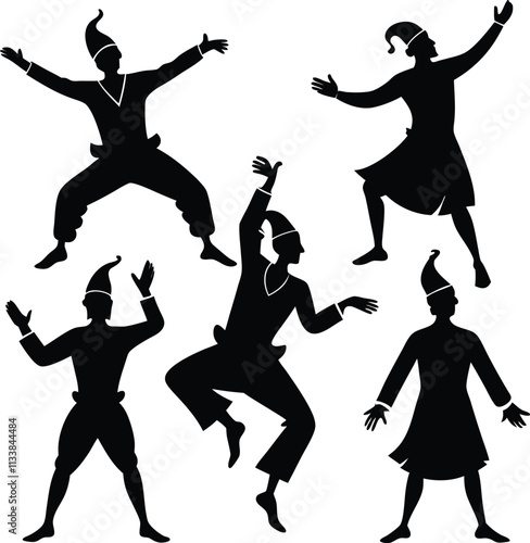 Silhouette Illustration of Dancing Figures in Jester Costumes: Vector Art, Festive, Celebration, Party, Performance, Whimsical Design