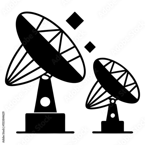 A Astronomy (Radio telescopes, CCD detectors for imaging) silhouette,line art vector icon illustration,telescopes,detectors on white background.