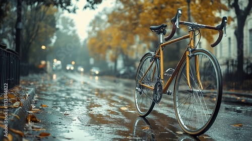 Rainy Autumn Day Cycling: A Vintage Road Bike on a City Street