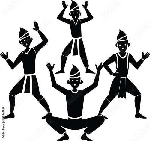 Silhouette Illustration of Traditional Indonesian Saman Dancers Performing a Synchronized Dance in Black and White
