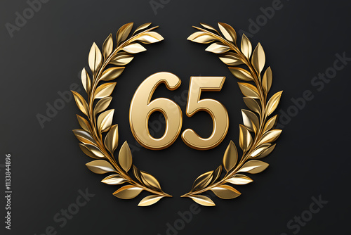 Elegant gold number 65 surrounded by a laurel wreath on a dark background, symbolizing achievement, milestone, and celebration, ideal for anniversaries, awards, or recognition designs