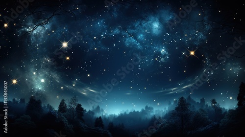 A starry night sky above a dark, mysterious forest with a hint of fog.