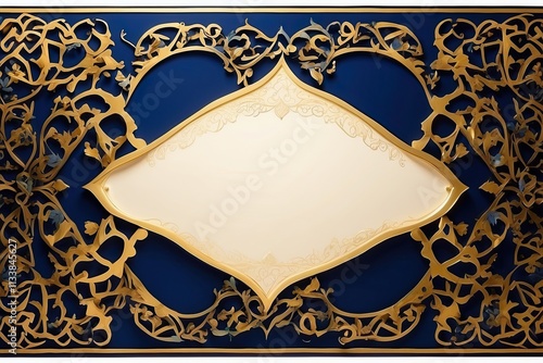 elaborate frame of Islamic calligraphy elaborate geometric designs deep blue and gold tones classic arabesque style photo