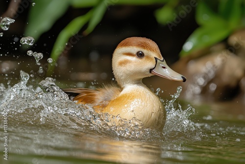 A young, vibrant Ringed Teal duck playfully splashes through clear water, creating dynamic water droplets.  Its feathers gleam in the sunlight. photo