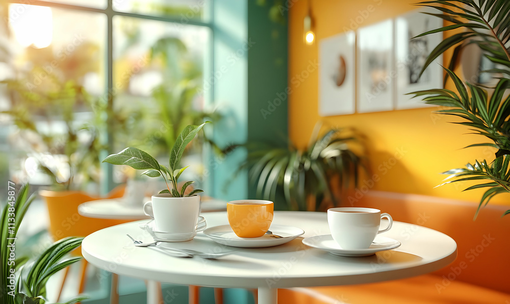 A cozy caf? scene with cups and plants, inviting relaxation and social interaction. A cozy caf? scene with cups and plants, inviting relaxation and social interaction.