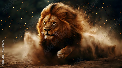 Majestic Lion Running, Dust Explodes, Wild Power