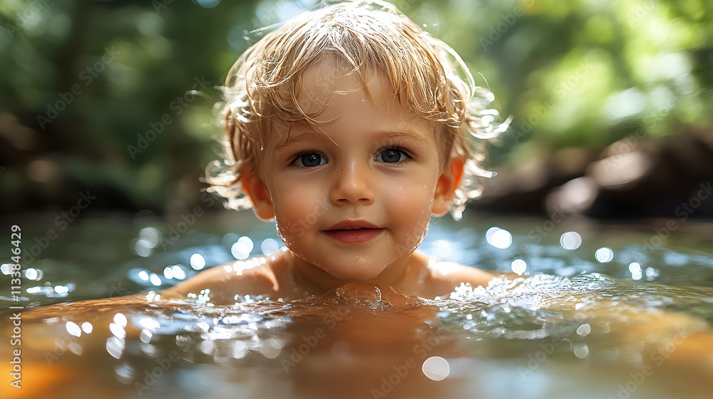 Child Joyfully Plays in Water, Summer Fun in Nature Child Joyfully Plays in Water, Summer Fun in Nature