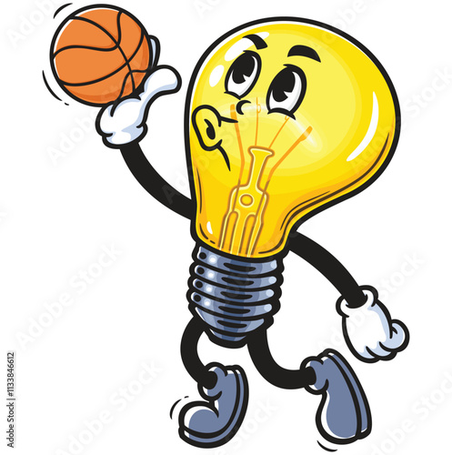 Light Bulb playing slam dunk basketball,  Cartoon Character Mascot Illustration Vector Clip-art Hand-drawn Logo Design 