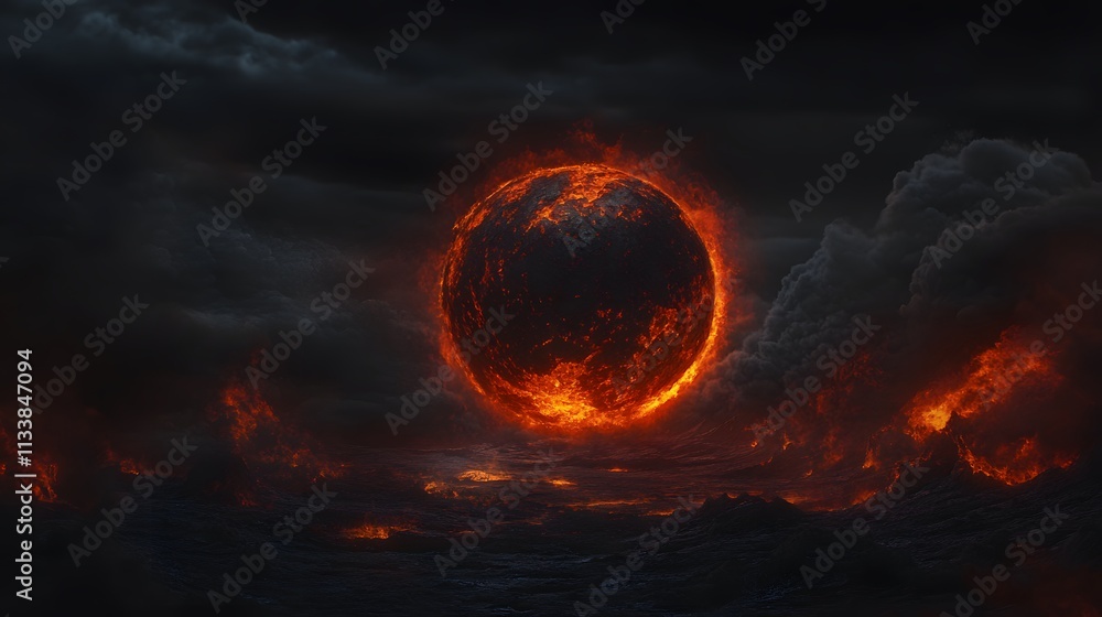 Fiery Planet Rising Through Infernal Cloudscape Fiery Planet Rising Through Infernal Cloudscape