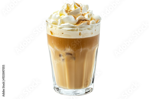 Stylish Glass of Iced Coffee with Swirls of White Cream Isolated on Transparent Background