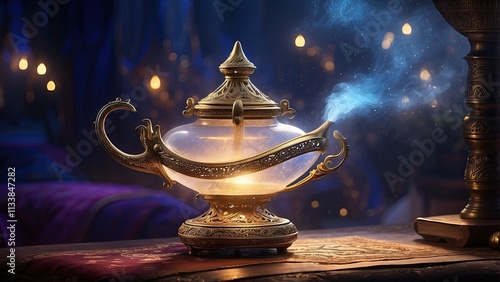 At night, a magical Aladdin lamp emits a shimmering, ethereal mist. photo