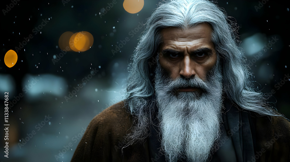 Majestic Elder with Long Silver Beard, Intense Gaze in Night Snowfall Majestic Elder with Long Silver Beard, Intense Gaze in Night Snowfall