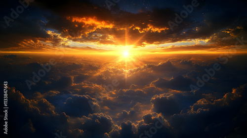 Golden Sunset Cloudscape: Aerial View of Dramatic Sky, Fiery Hues, and Heavenly Rays Illuminating Cloud Formations.