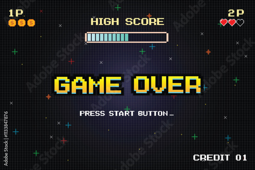 GAME OVER. INSERT A COIN TO CONTINUE. Synthwave wireframe net illustration. pixel art. 8 bit game. retro game. for game assets .Retro Futurism Sci-Fi Background. glowing neon grid. and stars.