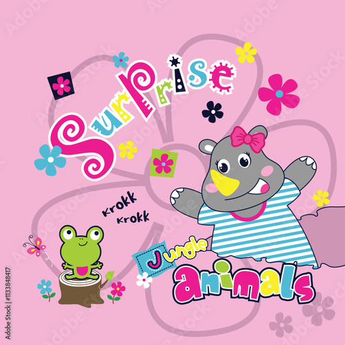 Vector illustration of a beautiful rhino girl surprising a little Kodak siteman with joy and excitement.