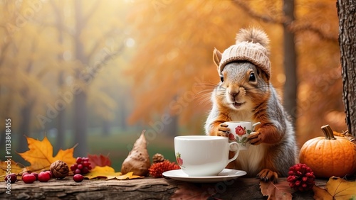 Against the backdrop of an autumn forest, a beautiful squirrel wearing a knitted hat sips tea from a cup.Lovely Thanksgiving card photo