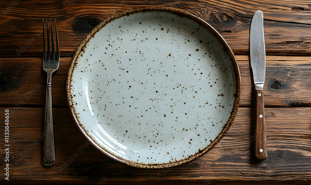 A rustic plate set with a fork and knife on a wooden table, ready for a meal. A rustic plate set with a fork and knife on a wooden table, ready for a meal.