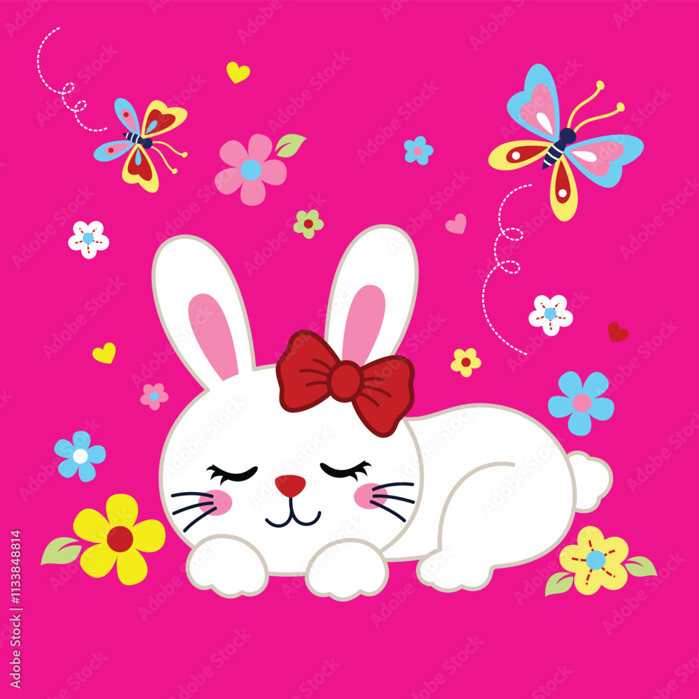 Obraz premium Adorable bunny rabbit vector illustration surrounded by bright and vibrant flowers in a whimsical nature scene 