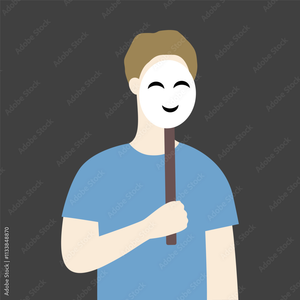 Man wearing smiling face mask. Communication, mental health, relationship, social, emotion concepts. Flat vector character design isolated illustration. Man wearing smiling face mask. Communication, mental health, relationship, social, emotion concepts. Flat vector character design isolated illustration.