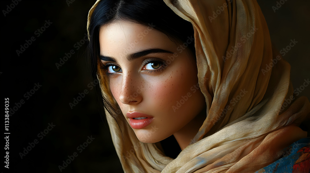 Woman in Headscarf: Elegant Portrait, Captivating Gaze, Freckles, Fabrics, Mysterious, Artistic Woman in Headscarf: Elegant Portrait, Captivating Gaze, Freckles, Fabrics, Mysterious, Artistic