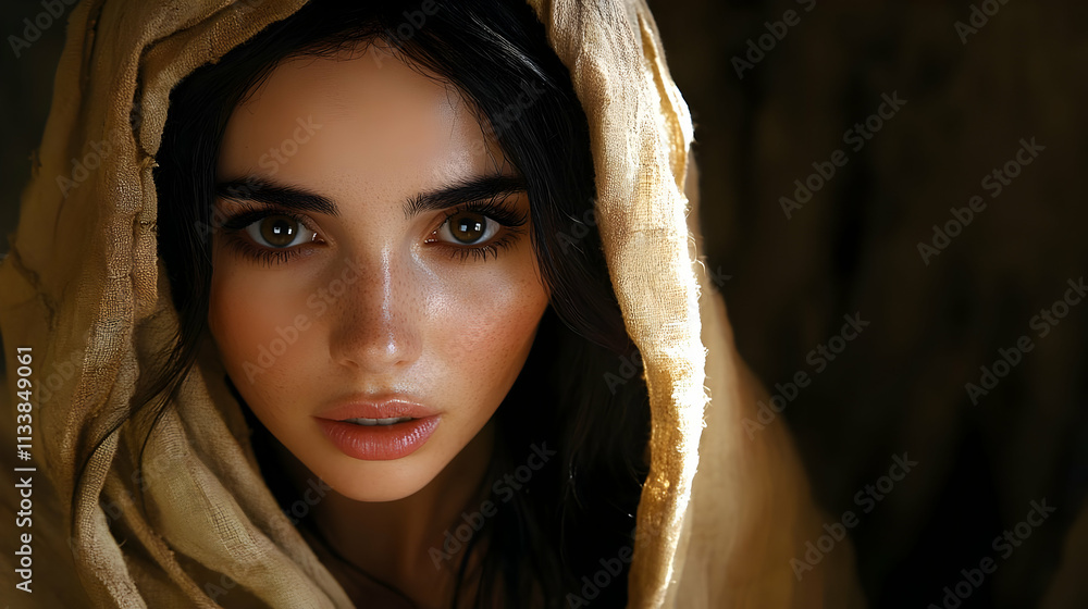 Mysterious Woman in Beige Fabric, Intense Gaze, Dark Hair, Close-Up Portrait, Soft Light, Captivating Beauty Mysterious Woman in Beige Fabric, Intense Gaze, Dark Hair, Close-Up Portrait, Soft Light, Captivating Beauty