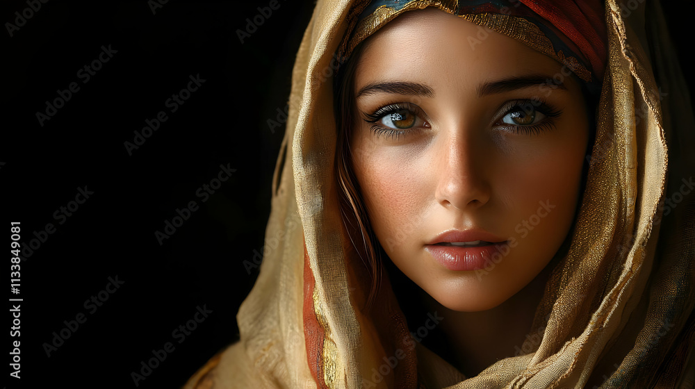Golden Fabric Veils Woman's Face, Mysterious Gaze Captivates, Exquisite Details in Portrait Golden Fabric Veils Woman's Face, Mysterious Gaze Captivates, Exquisite Details in Portrait