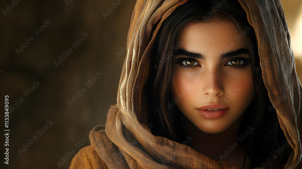 Mysterious Woman's Gaze, Brown Hood, Intriguing Portrait, Captivating Eyes, Stunning Beauty, Golden Fabric, Dramatic Lighting, Artistic Shot, Enigmatic Expression, Female Figure Mysterious Woman's Gaze, Brown Hood, Intriguing Portrait, Captivating Eyes, Stunning Beauty, Golden Fabric, Dramatic Lighting, Artistic Shot, Enigmatic Expression, Female Figure