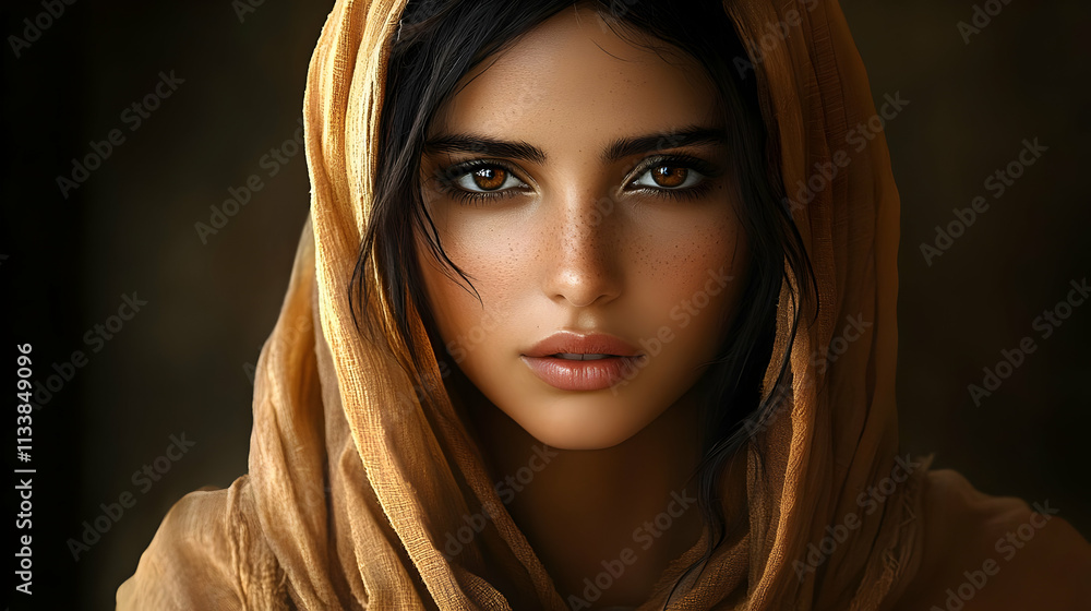 Mysterious Woman Gazing, Brown Eyes, Golden Veil, Intriguing Portrait, Captivating Beauty, Artistic Rendering, Digital Art, Stunning Imagery, Freckles, Woman's Portrait Mysterious Woman Gazing, Brown Eyes, Golden Veil, Intriguing Portrait, Captivating Beauty, Artistic Rendering, Digital Art, Stunning Imagery, Freckles, Woman's Portrait