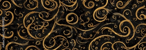 Seamless pattern of gold glitter swirls on a black backdrop, celebration, vibrant, abstract