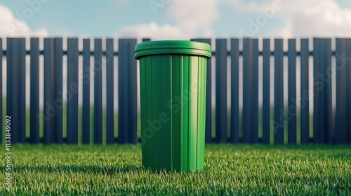 Sustainability thrives through recycle and renewal. Green trash can on grass with a wooden fence in the background. photo