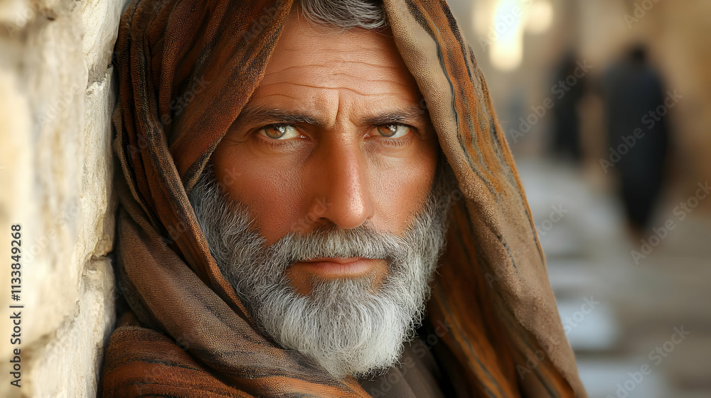 Aged Man's Pensive Gaze, Wrapped in Brown Cloth, Ancient Walls Background Aged Man's Pensive Gaze, Wrapped in Brown Cloth, Ancient Walls Background