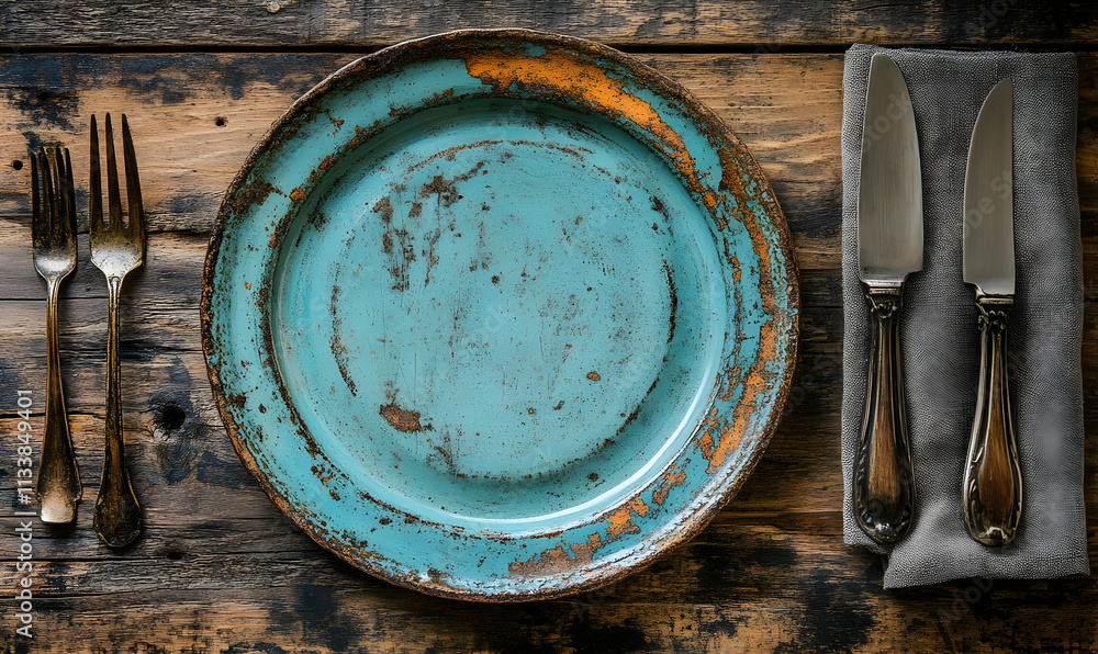 A rustic dining setup featuring a weathered turquoise plate and elegant cutlery. A rustic dining setup featuring a weathered turquoise plate and elegant cutlery.