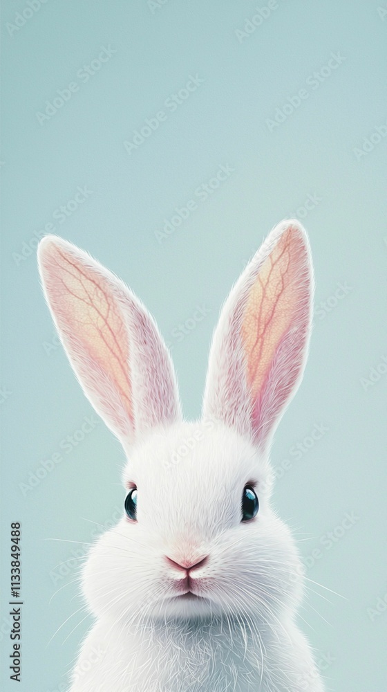 Obraz premium Adorable White Rabbit with Long Ears and Expressive Eyes Posing Against a Soft Blue Background for Cute Animal Imagery and Children's Themes