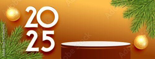 decorative 2025 new year banner with 3d podium stand