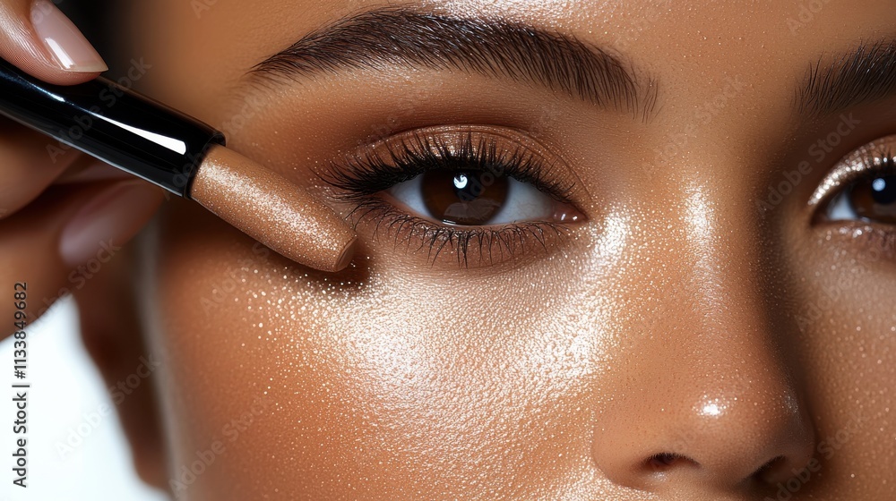Naklejka premium A close-up of a person applying makeup near the eye, showcasing beauty and cosmetic techniques.