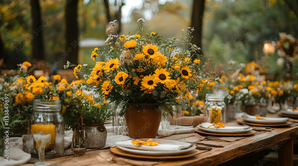 Fototapeta premium A beautifully arranged outdoor dining table adorned with sunflowers and rustic decor.