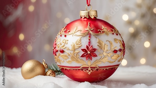 A watercolor Christmas ornament with glittering highlights and elaborate motifs set on a snowy backdrop. A cozy festive atmosphere is created by the delicate shades of red and gold. View Less photo