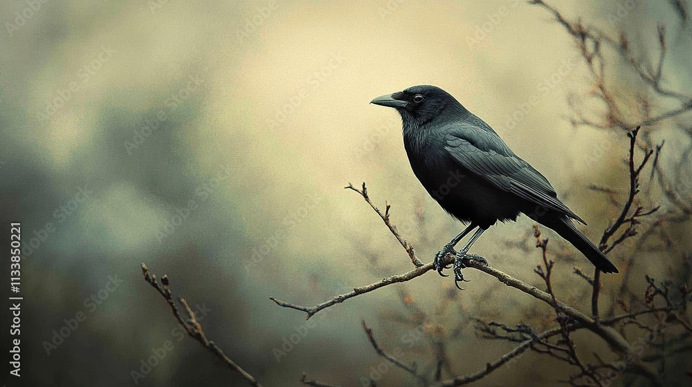 Obraz premium Solitary Crow on a Branch: A Dark and Serene Wildlife Photo