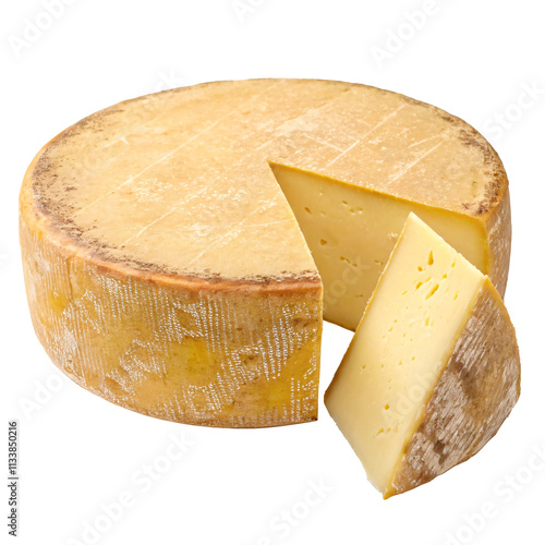 A whole cheese wheel with a wedge slice removed, showcasing its yellow interior, concept of dairy food