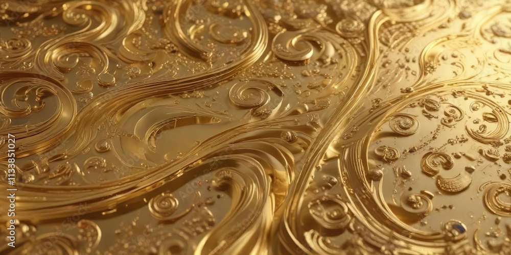 Obraz premium Shimmering gold foil with holographic swirls and patterns, glittering texture, shiny foil