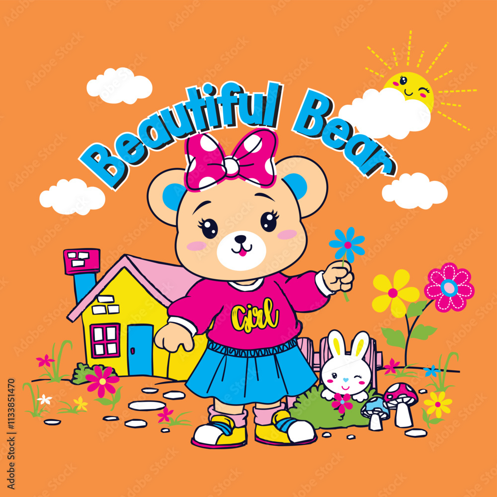 Fototapeta premium cute adorable bear with beautiful flower vector