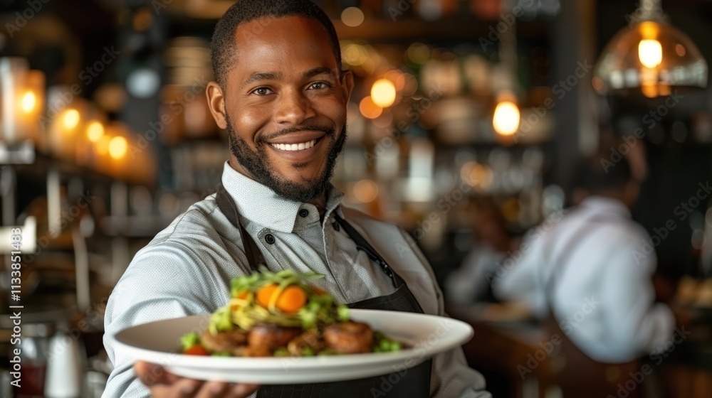 Smiling waiter presenting a delicious gourmet dish in a restaurant. Smiling waiter presenting a delicious gourmet dish in a restaurant.