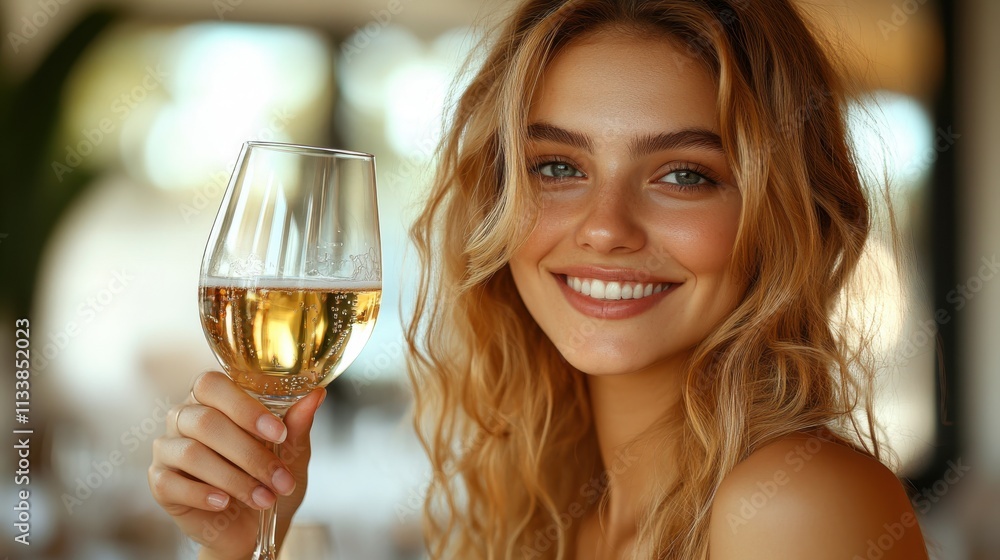 A smiling woman holding a glass of white wine in a bright, cheerful setting. A smiling woman holding a glass of white wine in a bright, cheerful setting.